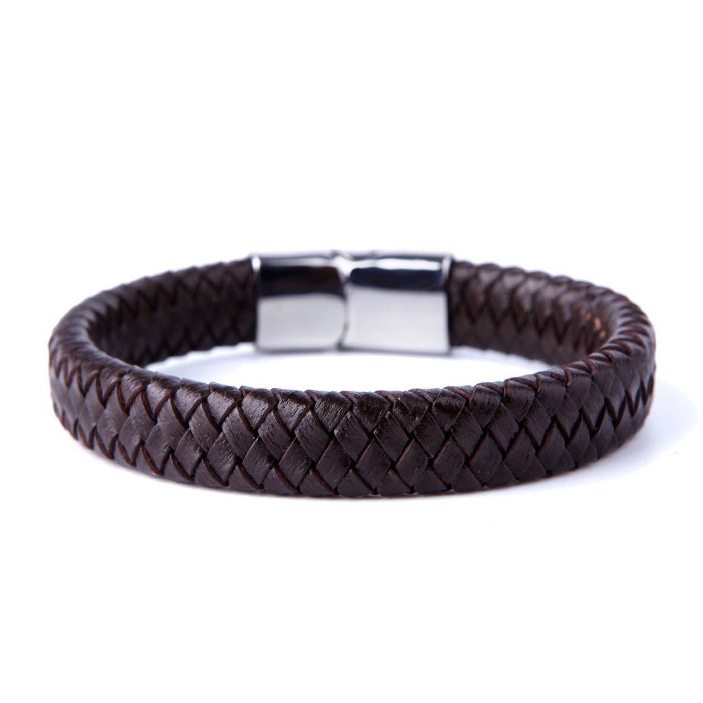 Men's Deep Brown Braided Genuine Leather Cuff Bracelet with Elegant 316L Stainless Steel Clasp