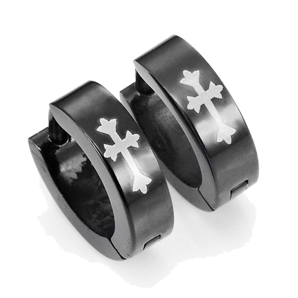 Stainless Steel Cross Design Huggie Hoop Earrings - Various Designs, Black, 10mm
