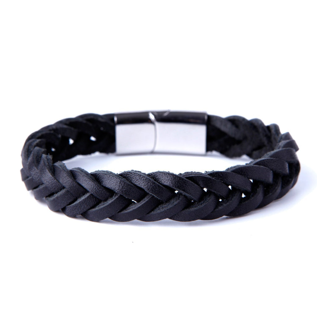 Unique Braided Black Cuff Leather Bracelet for Men with Elegant Stainless Steel Clasp