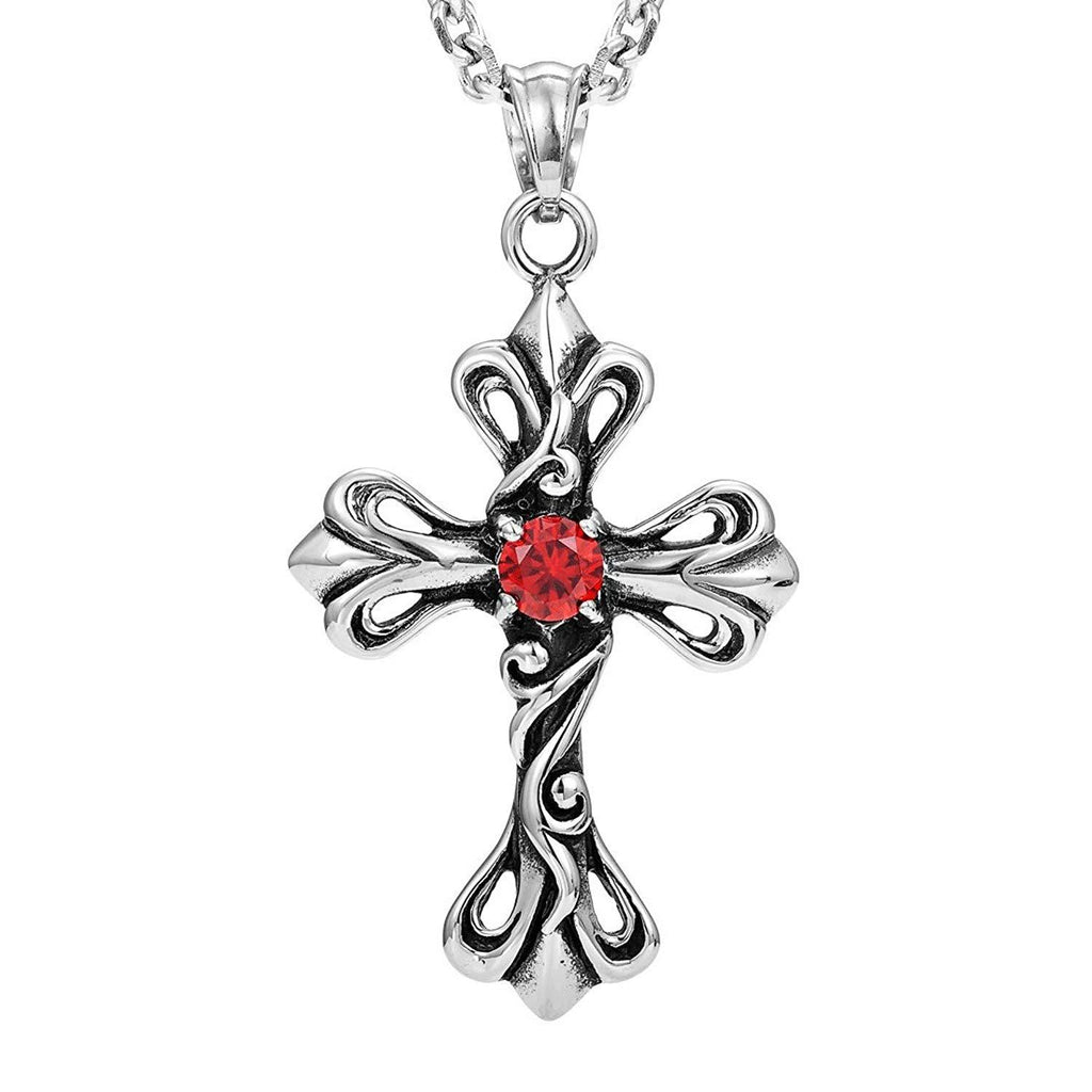 Vintage Royalty Celtic Shield Cross Necklace Cubic Zirconia Pendant (Silver Red)