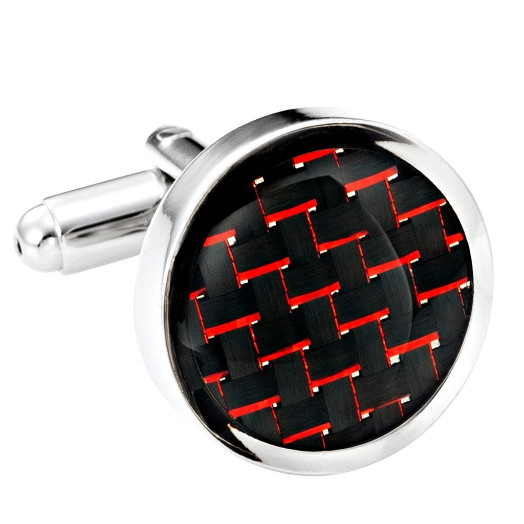 Titanium Men's Cufflinks Black & Red Carbon Fiber Round Polished