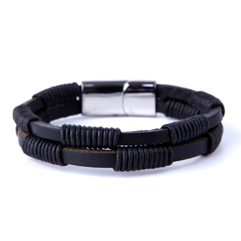 Unique Men's Coal Black Cuff Genuine Leather Bracelet with Stainless Steel Clasp