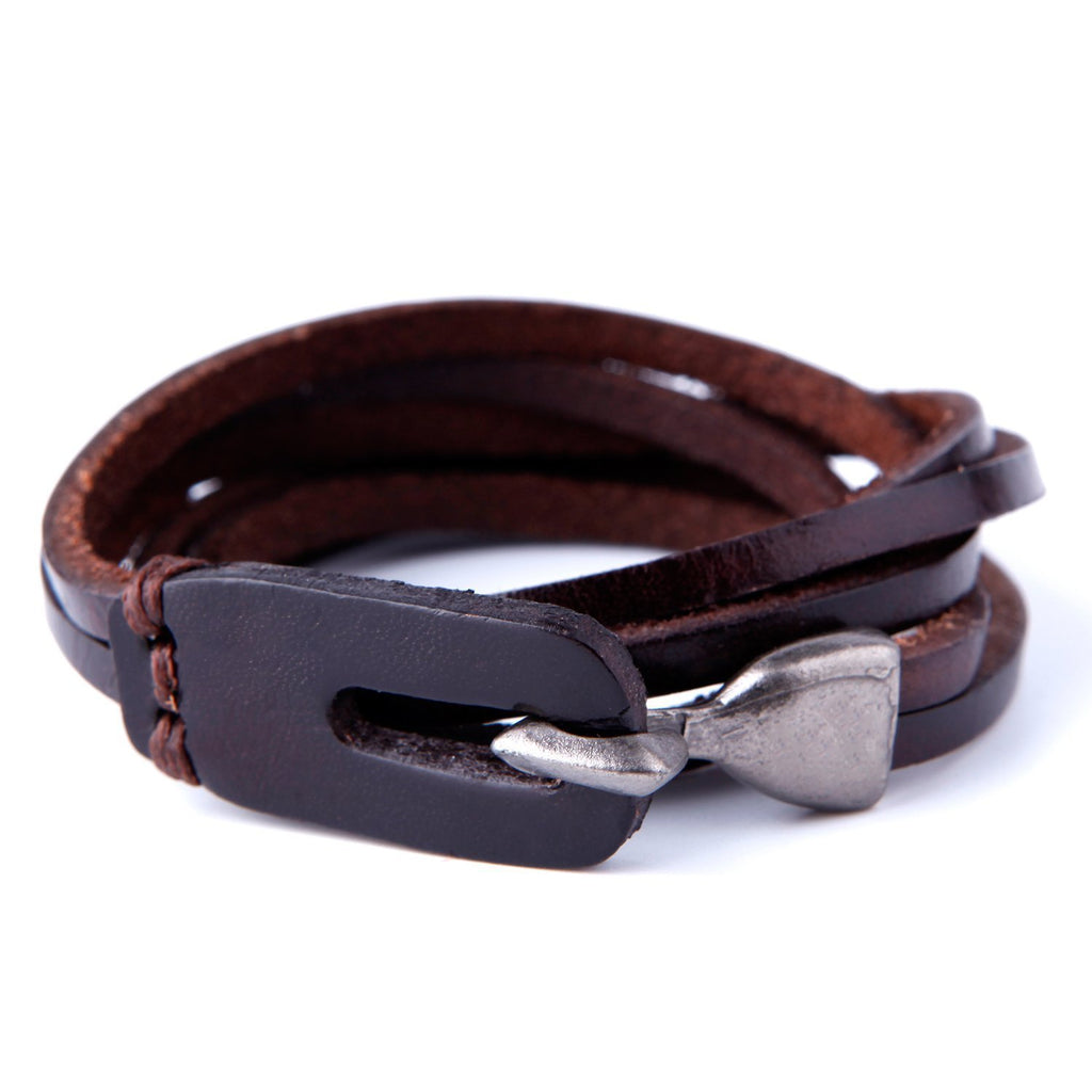 Deep Coffee Leather Wrap Cuff Men's Genuine Bracelet with Metal Hook Clasp (Brown)