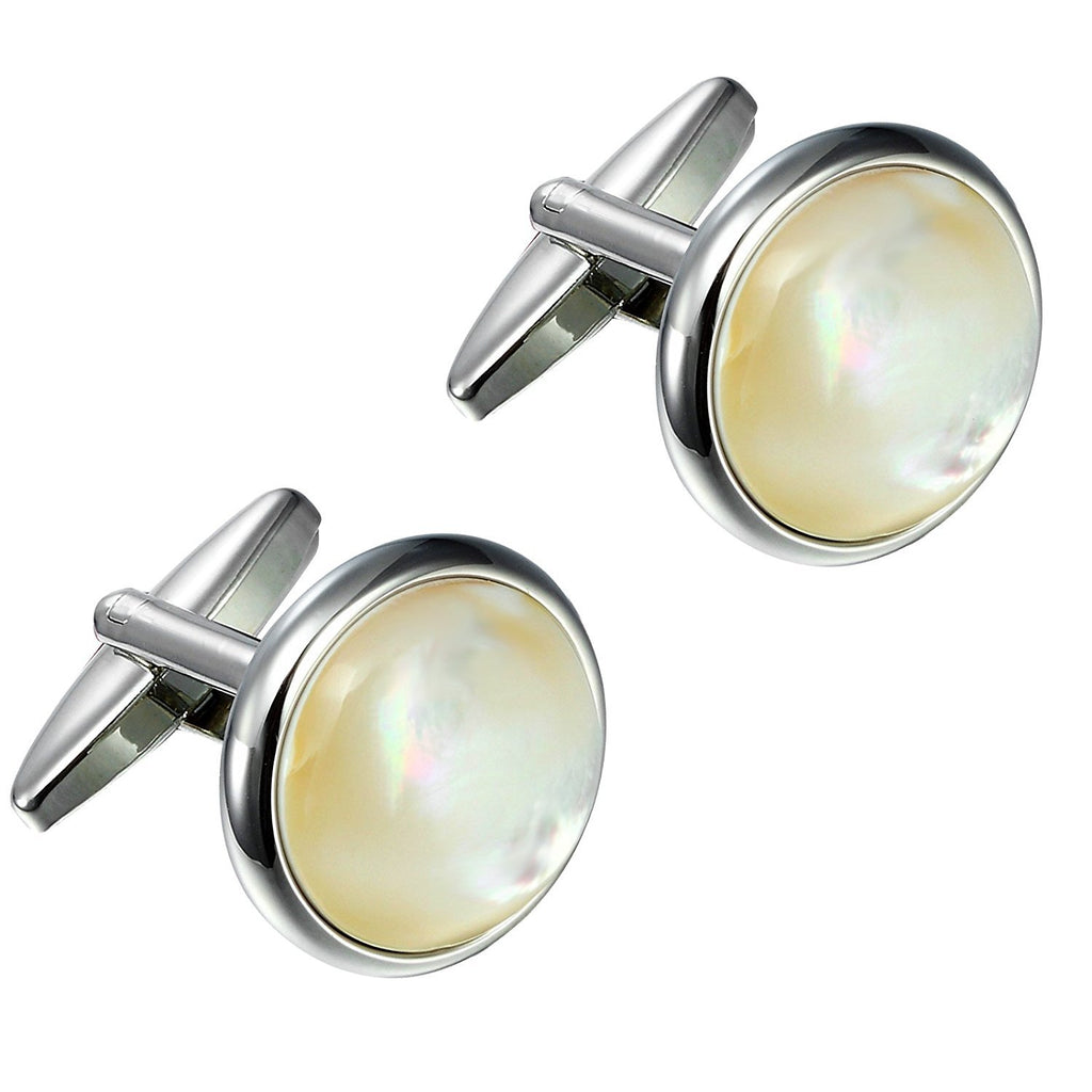 Unique 316L Stainless Steel Men's Round Cufflinks with Real Shell (Silver)