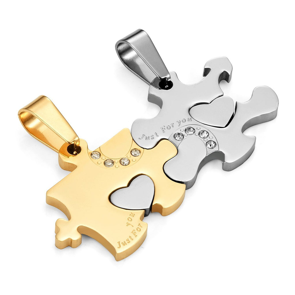 Just for You 2pcs His & Hers Puzzle Heart Couples Crystal Pendant Necklace Set with 19" & 21" Chains