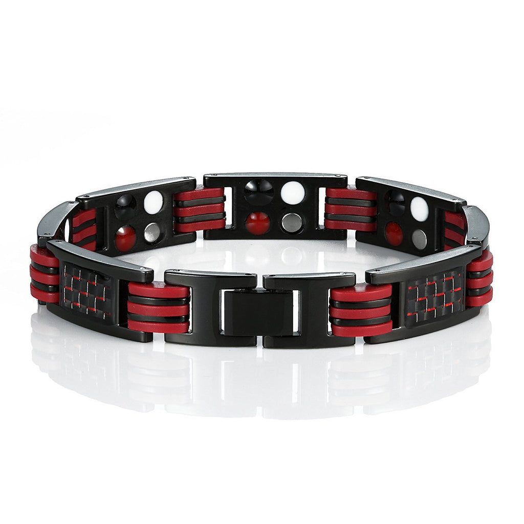 Men's Titanium Magnetic Link Bangle Bracelet with Carbon Fiber 8.66 inch (Black & Red)