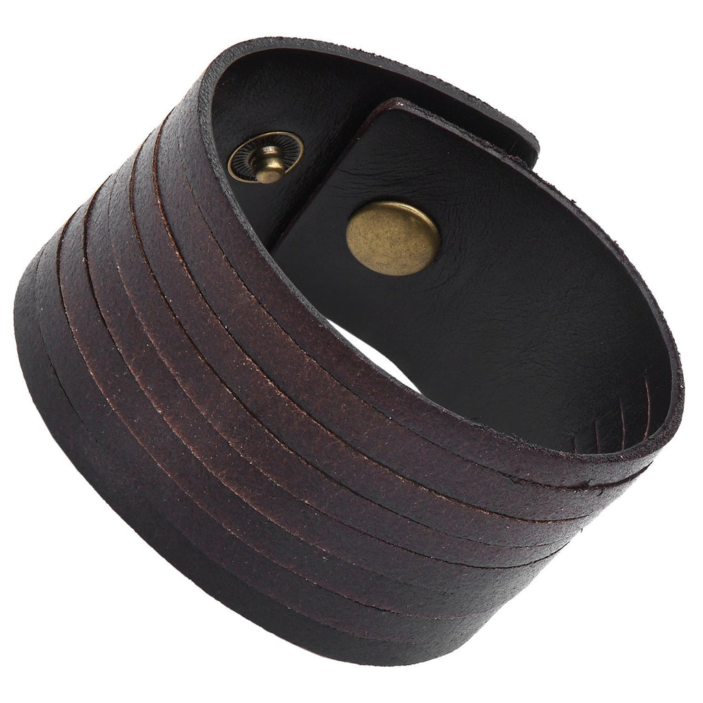 Dark Brown Wide Cuff Genuine Leather Bracelet for Men