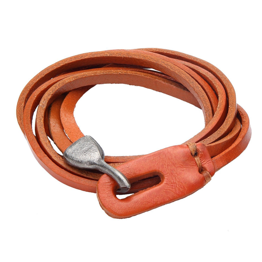 Genuine Leather Wrap Cuff Men's Bracelet with Metal Hook Clasp (Camel Brown)