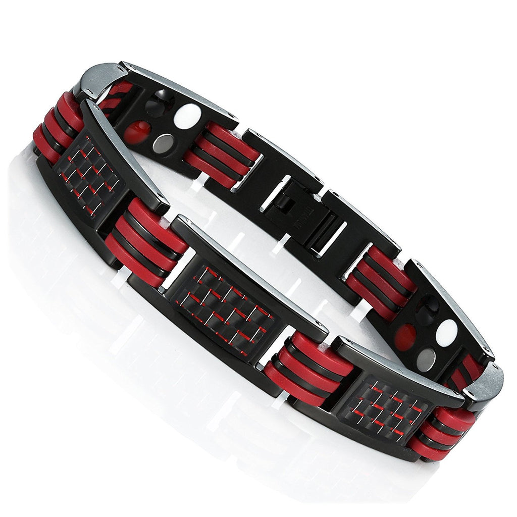 Men's Titanium Magnetic Link Bangle Bracelet with Carbon Fiber 8.66 inch (Black & Red)