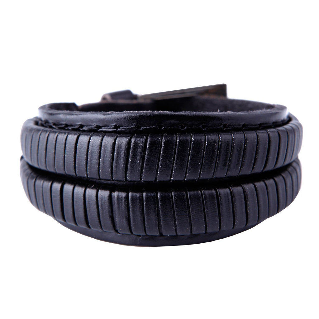 Elegant Coal Black Cuff Genuine Leather Bracelet for Men (Metal Buckle Clasp)