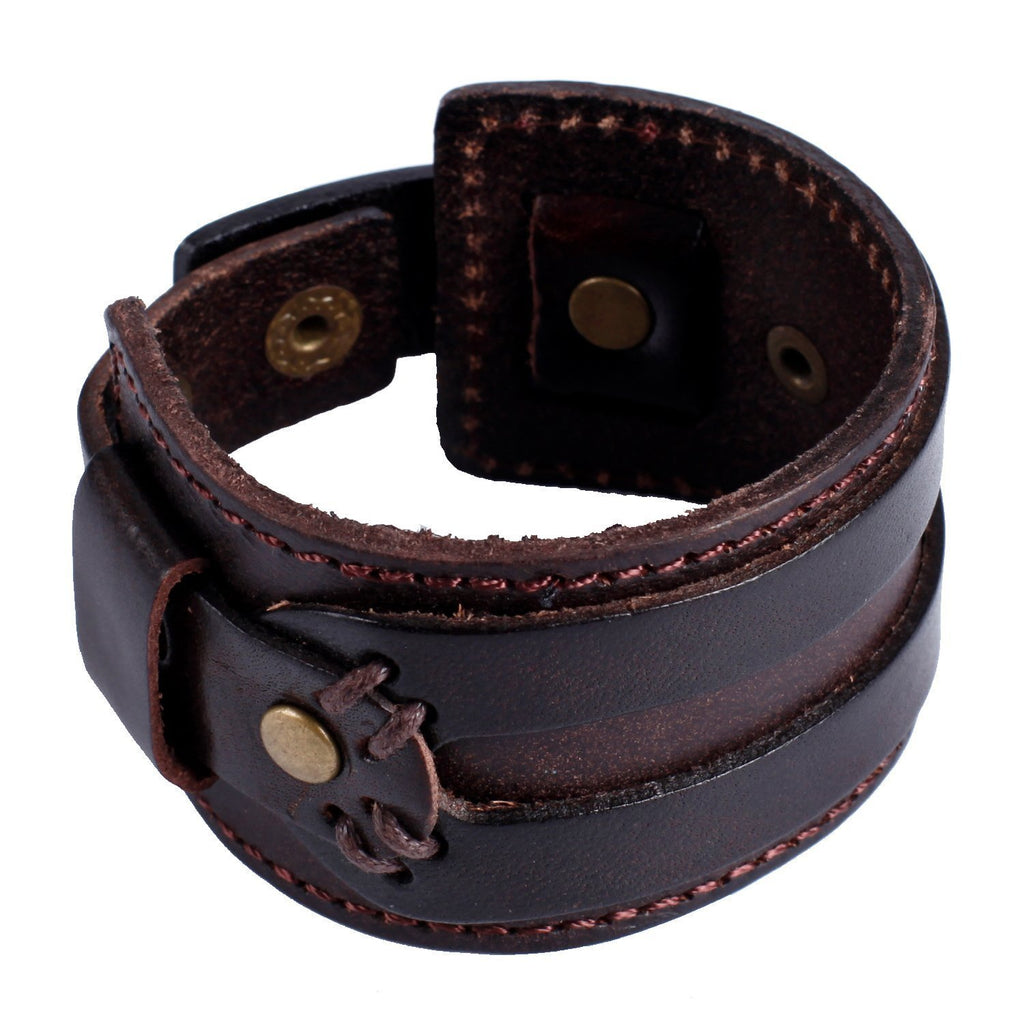 Wide Deep Coffee Brown Genuine Leather Cuff Bracelet for Men