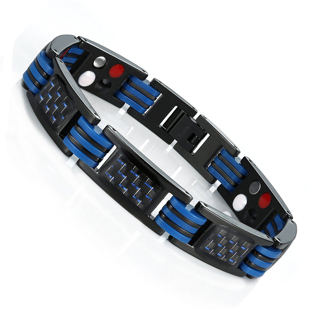 Men's Titanium Magnetic Link Bangle Bracelet with Carbon Fiber 8.66 inch (Black & Blue)