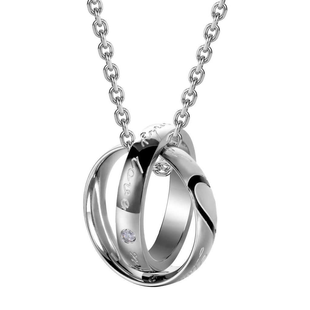 His & Hers Couples Engraved Double Ring Pendant Necklace