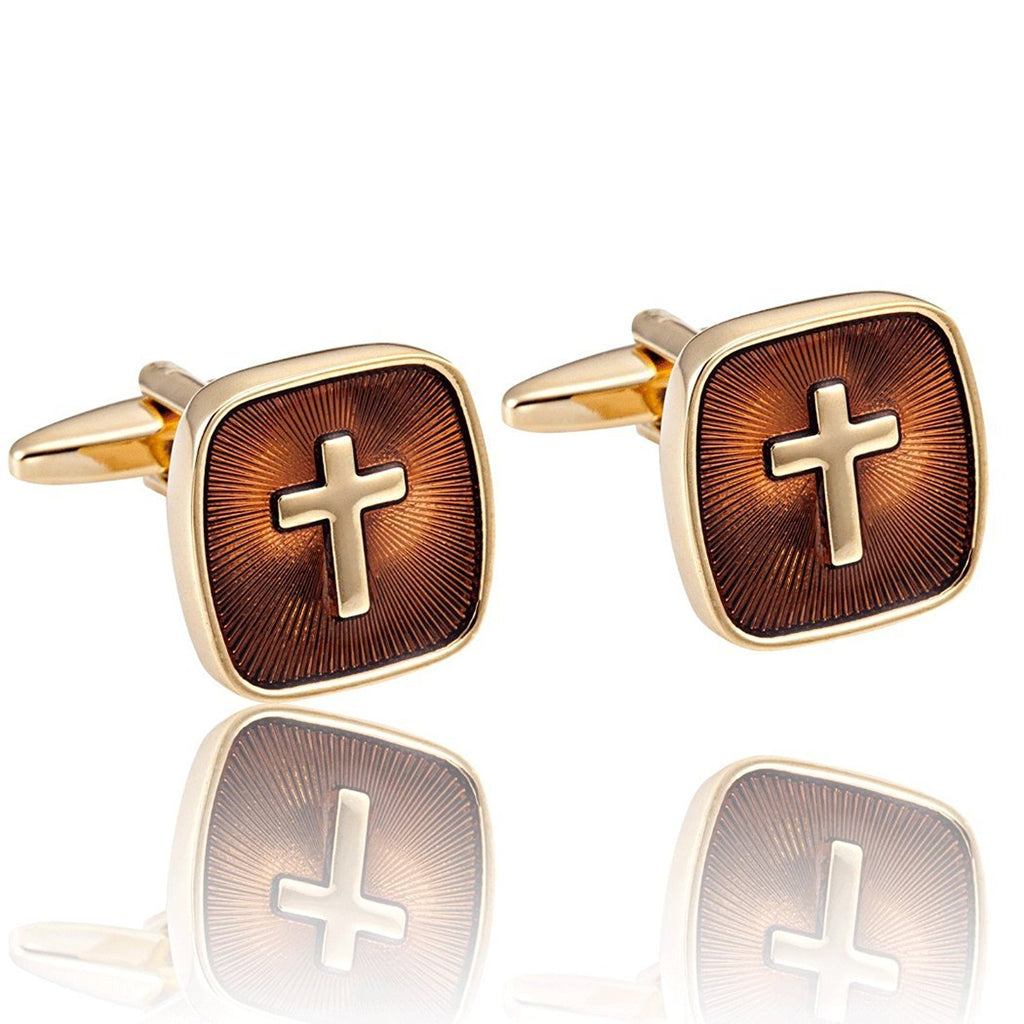 Amazing Mens Stainless Steel Cufflinks with Golden Holy Cross
