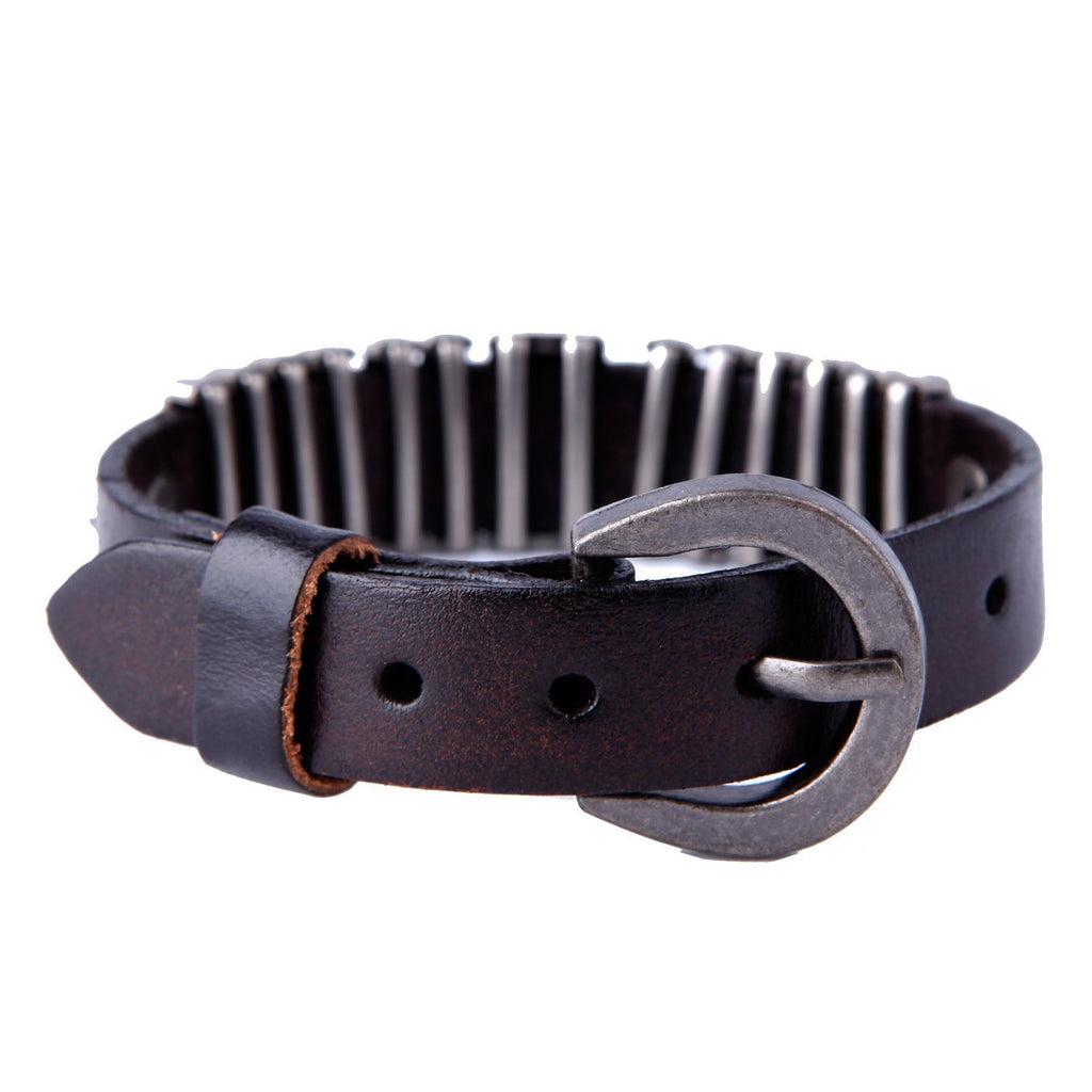 Powerful Dark Brown Leather Cuff Bracelet with Metal Design & Buckle Clasp (Adjustable)
