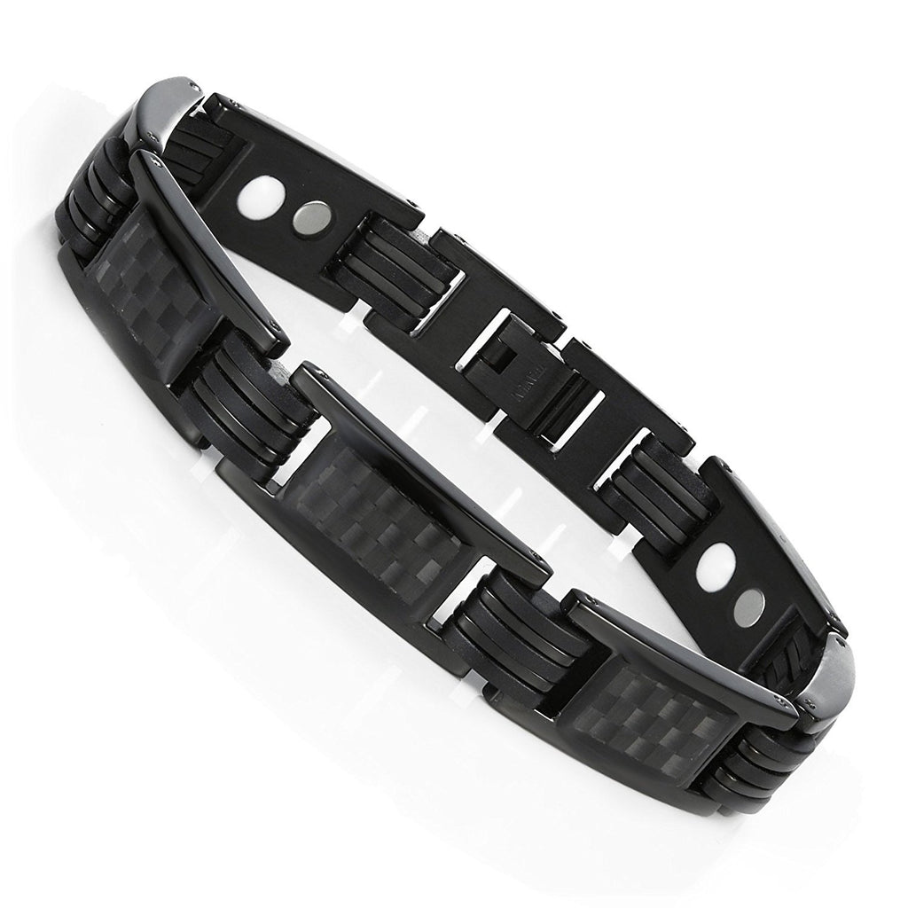 Men's Titanium Magnetic Link Bangle Bracelet with Carbon Fiber 8.66 inch (Black)