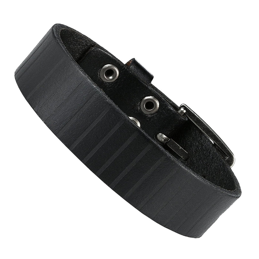 Men's Genuine Leather Cuff Bangle Bracelet Perfect Statement Piece (Black, Silver, 6.3-8.25 inches)