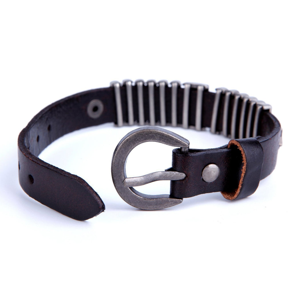 Powerful Dark Brown Leather Cuff Bracelet with Metal Design & Buckle Clasp (Adjustable)