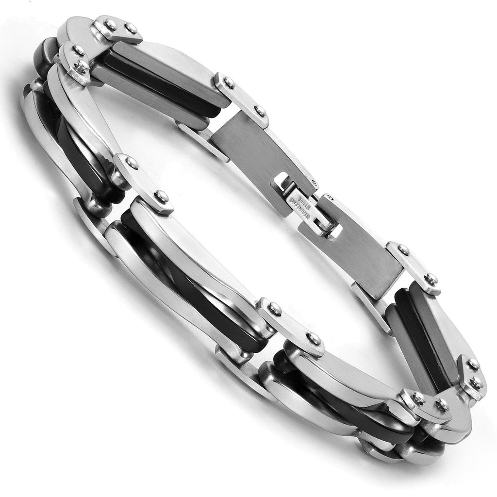 Mechanical Style 316L Stainless Steel Link Cuff Men's Bracelet (Black, Silver)
