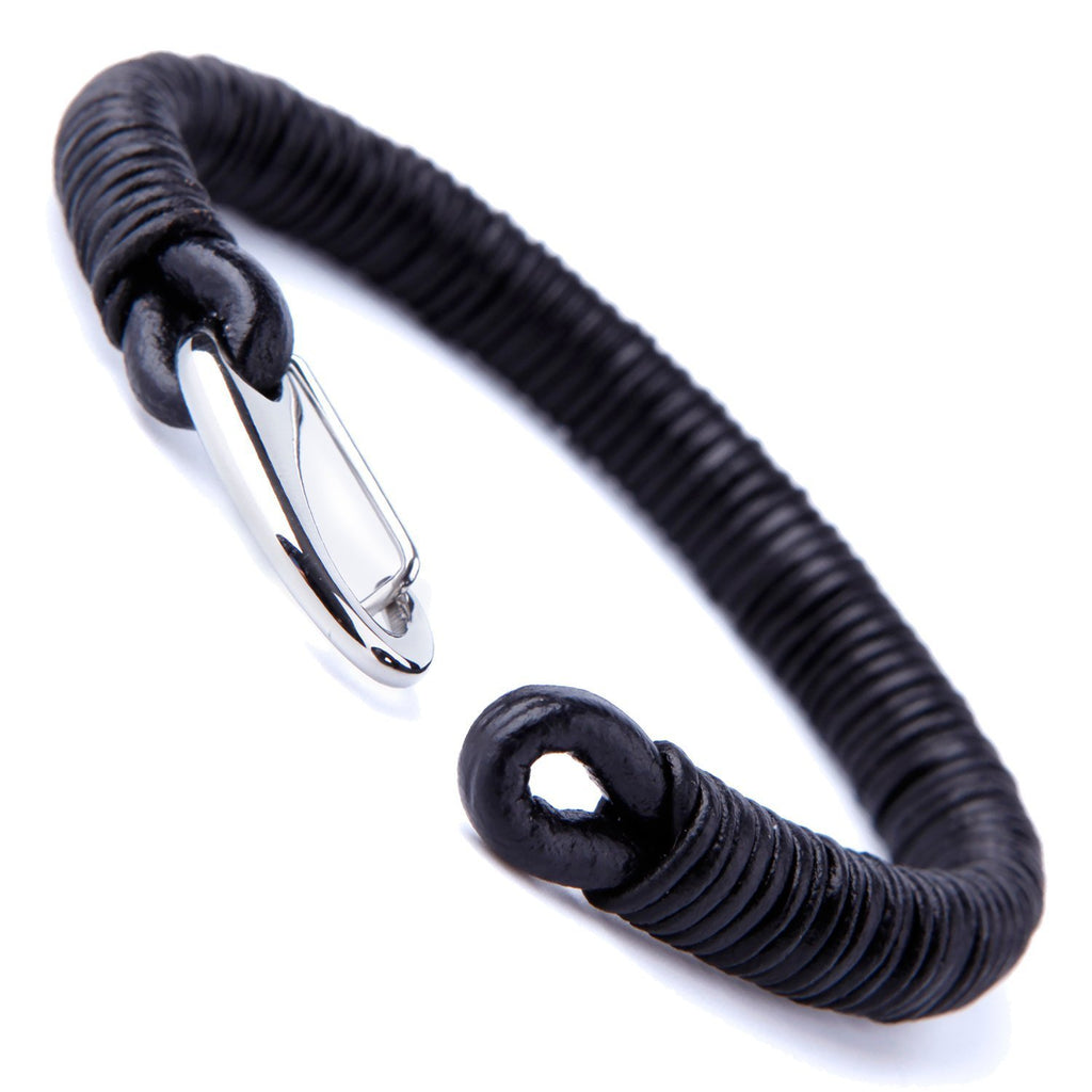 Impressive Men's Black Cord Loops Genuine Leather Cuff Bracelet with Stainless Steel Clasp