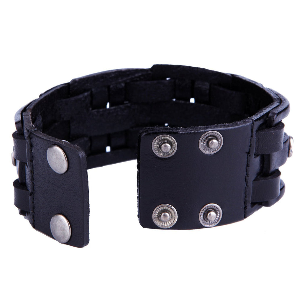 Gothic Men's Army Style Coal Black Cuff Genuine Leather Bracelet with Metal Silver Tone Screws