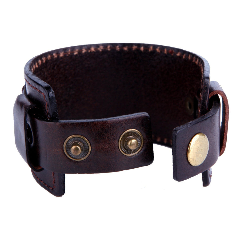 Wide Deep Coffee Brown Genuine Leather Cuff Bracelet for Men