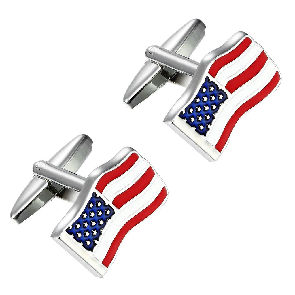 Loyal Patriot Stainless Steel USA Flag Men's Cufflinks (Red, Blue, White, Silver)