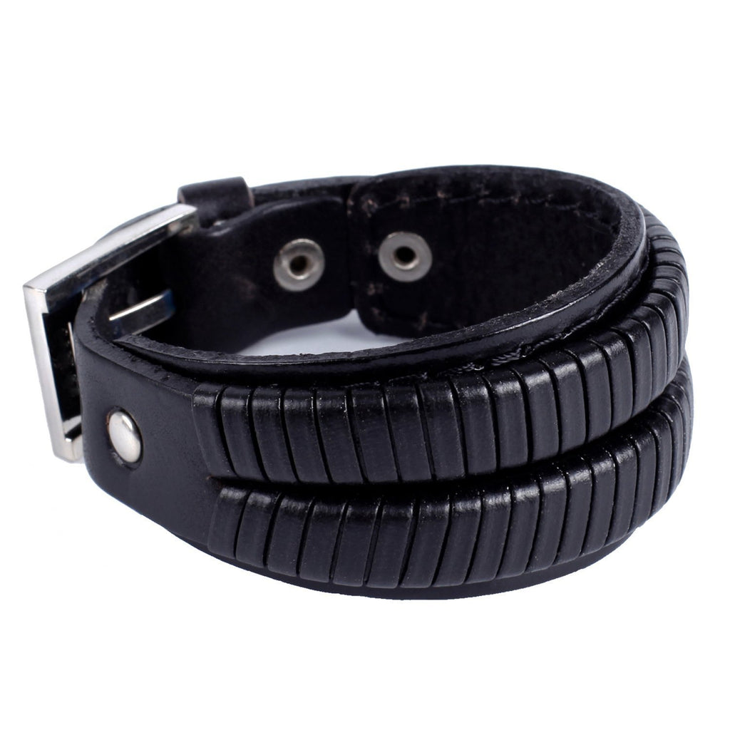 Elegant Coal Black Cuff Genuine Leather Bracelet for Men (Metal Buckle Clasp)