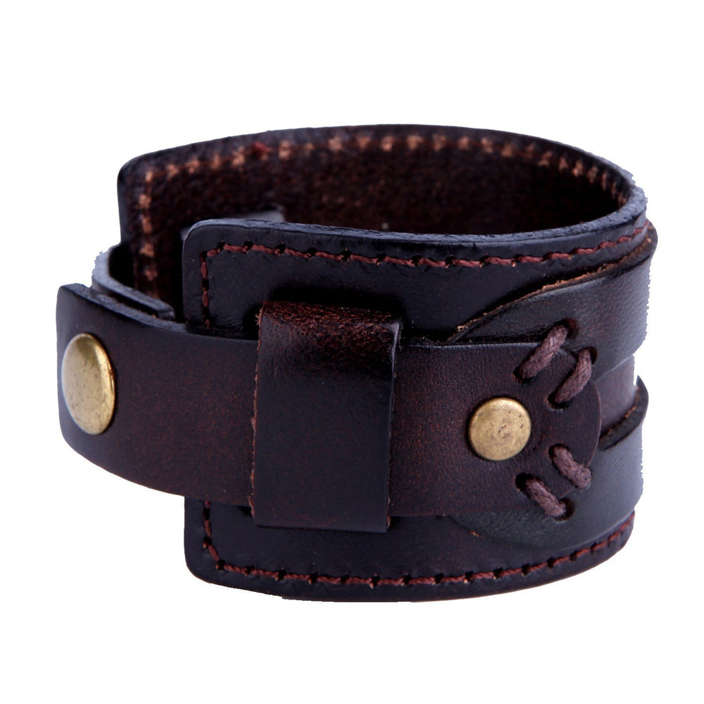 Wide Deep Coffee Brown Genuine Leather Cuff Bracelet for Men