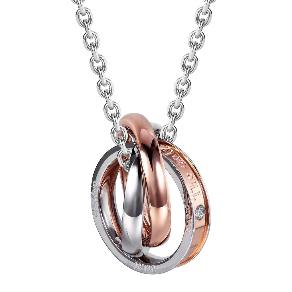 His & Hers Couples Engraved Double Ring Pendant Necklace