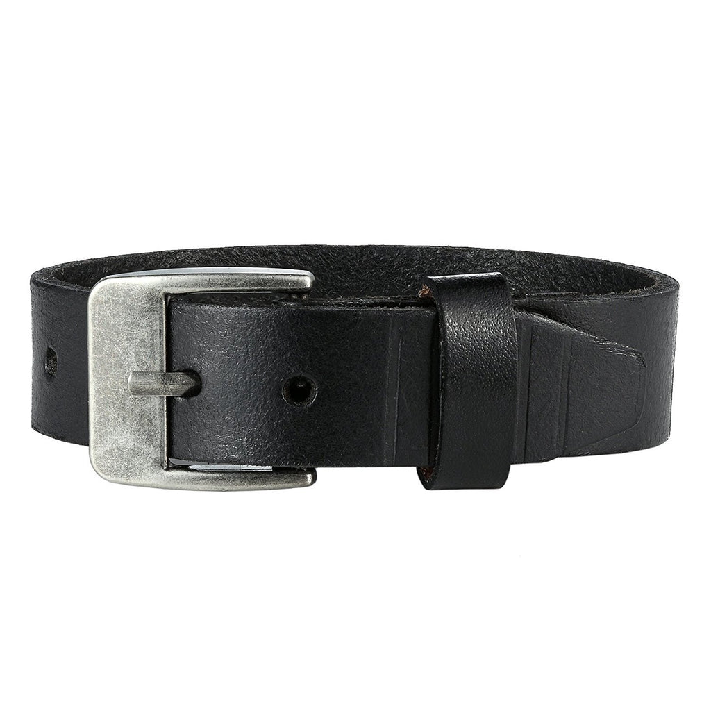 Men's Genuine Leather Cuff Bangle Bracelet Perfect Statement Piece (Black, Silver, 6.3-8.25 inches)