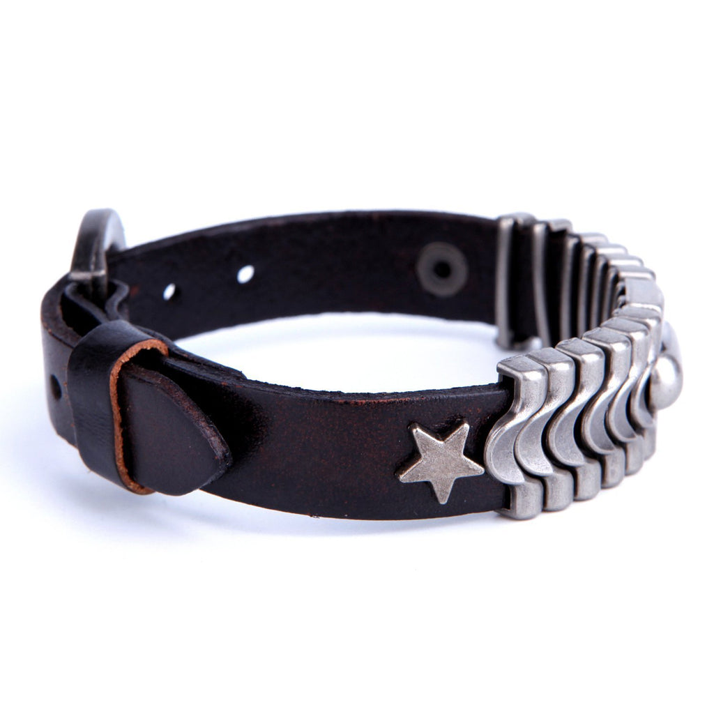 Powerful Dark Brown Leather Cuff Bracelet with Metal Design & Buckle Clasp (Adjustable)