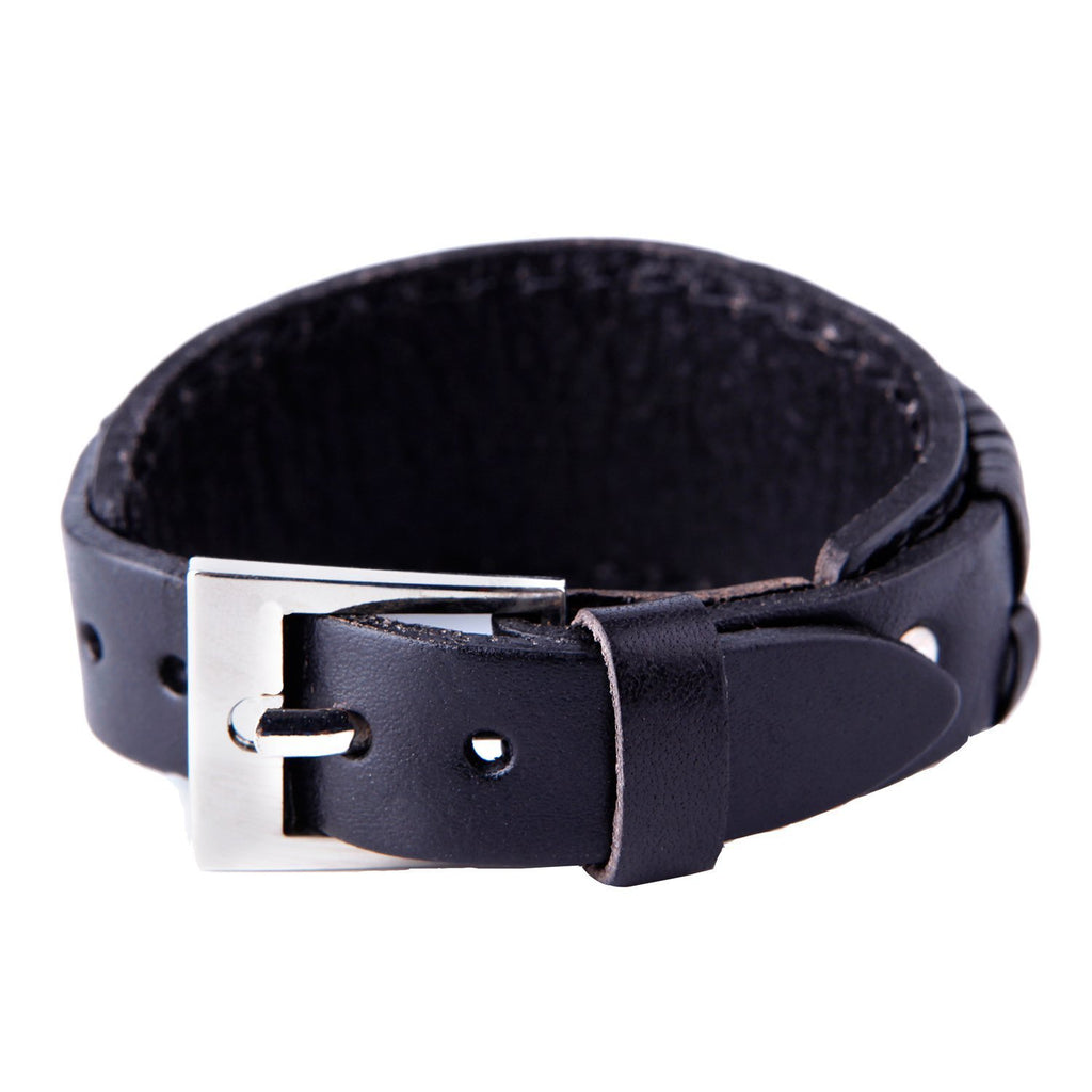 Elegant Coal Black Cuff Genuine Leather Bracelet for Men (Metal Buckle Clasp)