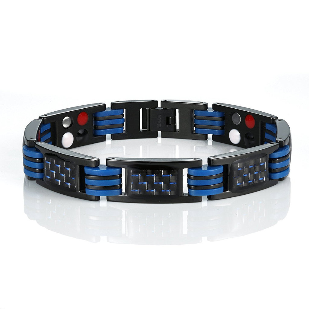 Men's Titanium Magnetic Link Bangle Bracelet with Carbon Fiber 8.66 inch (Black & Blue)