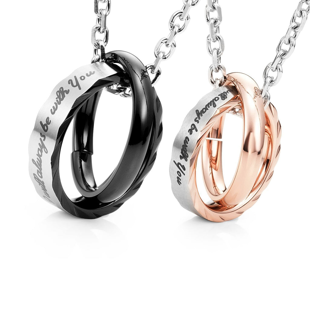 His & Hers Couples Engraved Double Ring Pendant Necklace