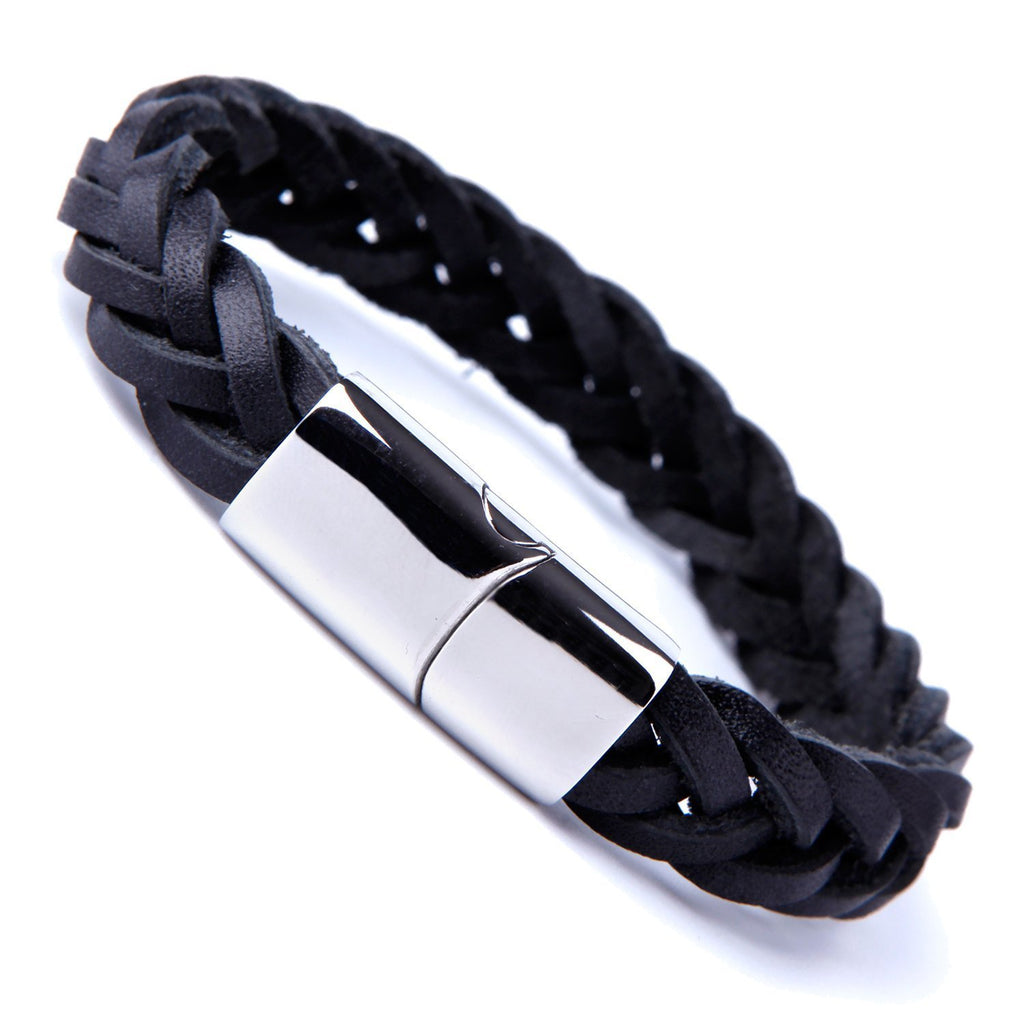 Unique Braided Black Cuff Leather Bracelet for Men with Elegant Stainless Steel Clasp