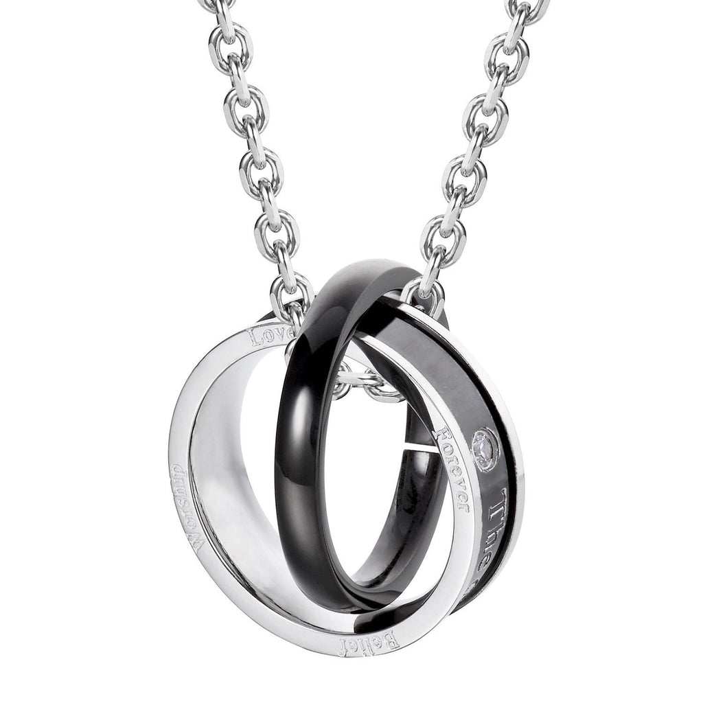 His & Hers Couples Engraved Double Ring Pendant Necklace