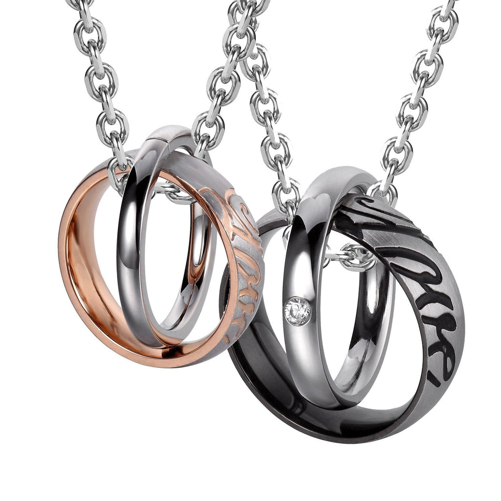 His & Hers Couples Engraved Double Ring Pendant Necklace