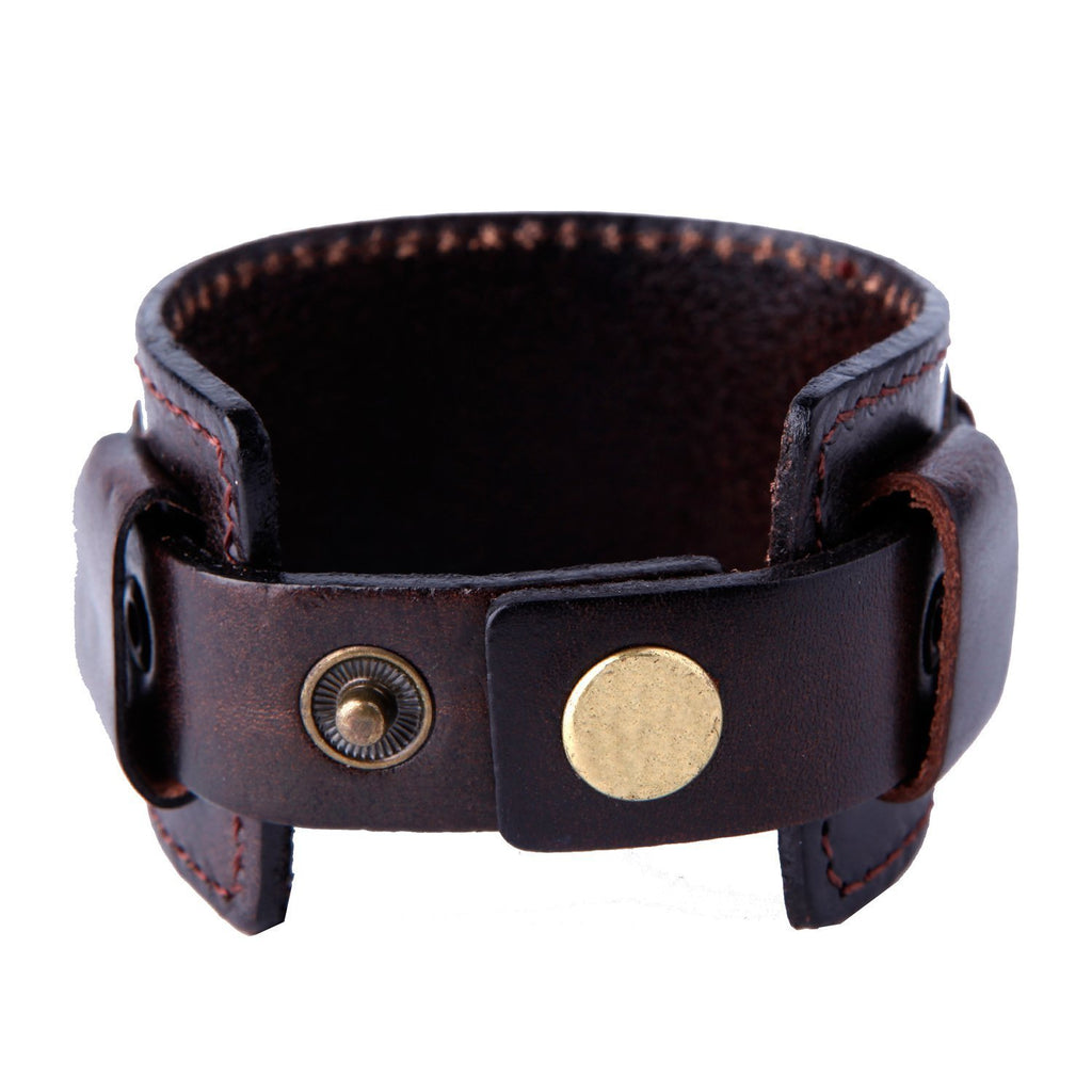 Wide Deep Coffee Brown Genuine Leather Cuff Bracelet for Men