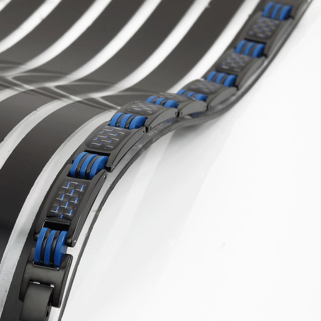 Men's Titanium Magnetic Link Bangle Bracelet with Carbon Fiber 8.66 inch (Black & Blue)