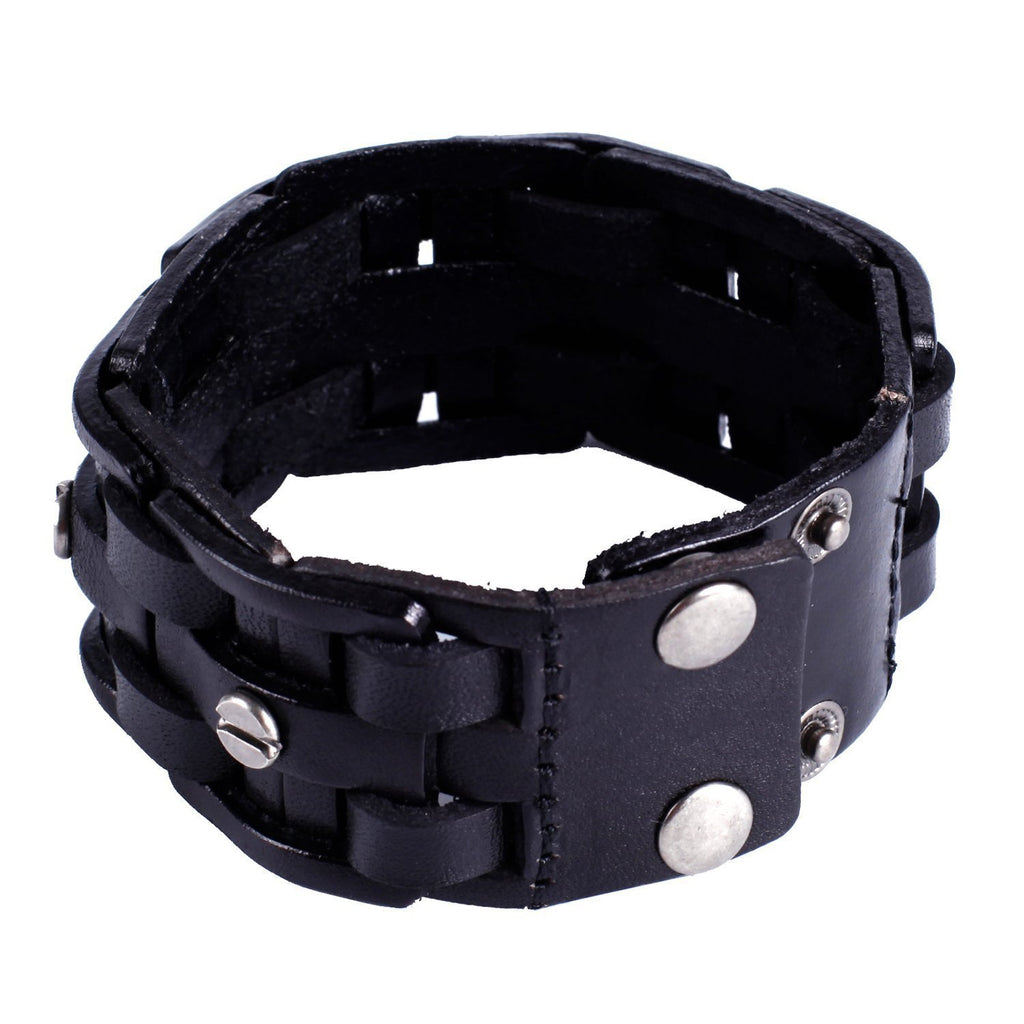 Gothic Men's Army Style Coal Black Cuff Genuine Leather Bracelet with Metal Silver Tone Screws