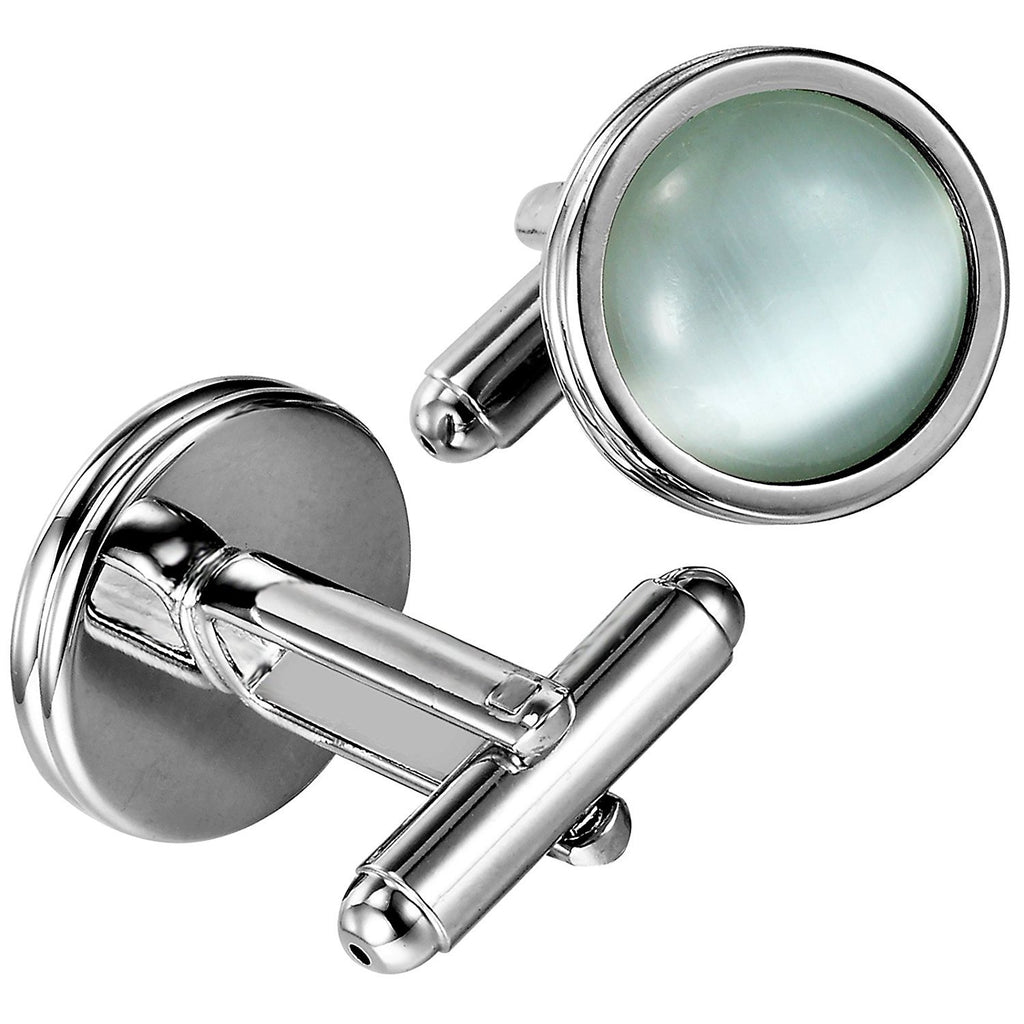Stunning Round Blue Created-Opal & Stainless Steel Cufflinks for Men (Silver)