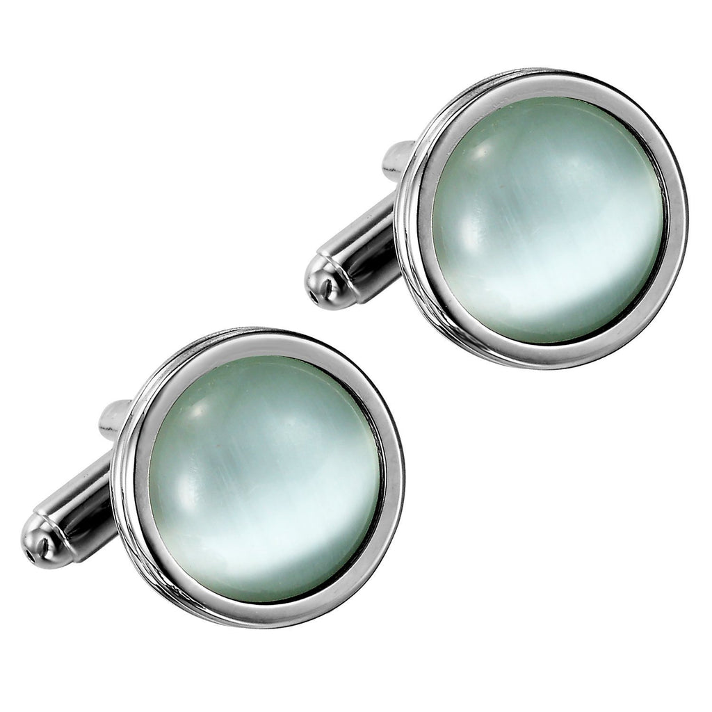 Stunning Round Blue Created-Opal & Stainless Steel Cufflinks for Men (Silver)