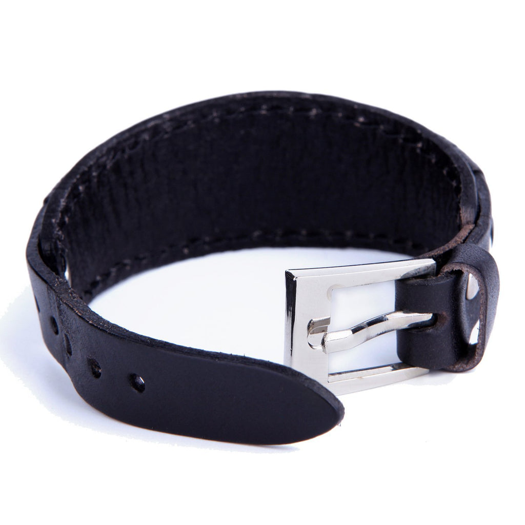 Elegant Coal Black Cuff Genuine Leather Bracelet for Men (Metal Buckle Clasp)