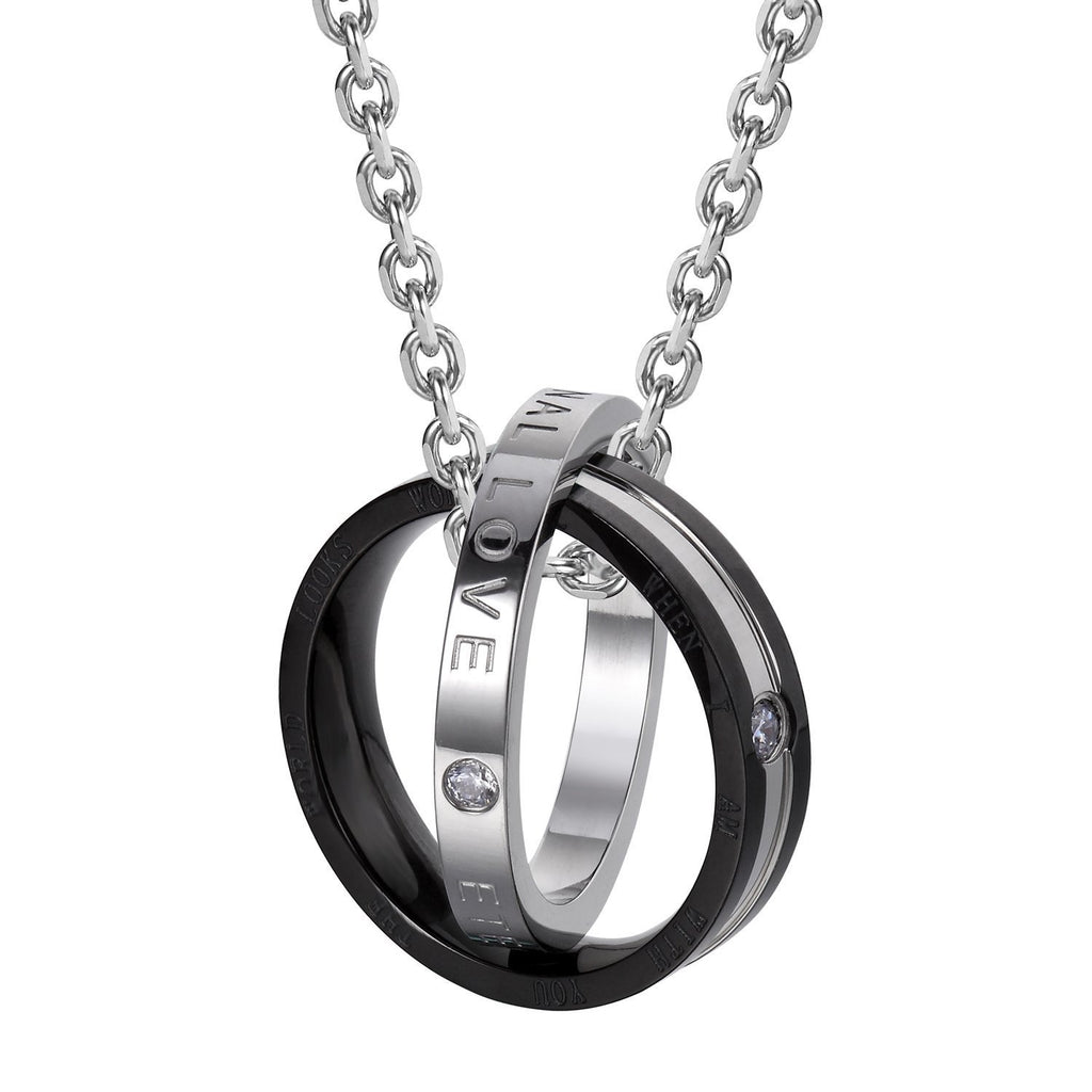 His & Hers Couples Engraved Double Ring Pendant Necklace