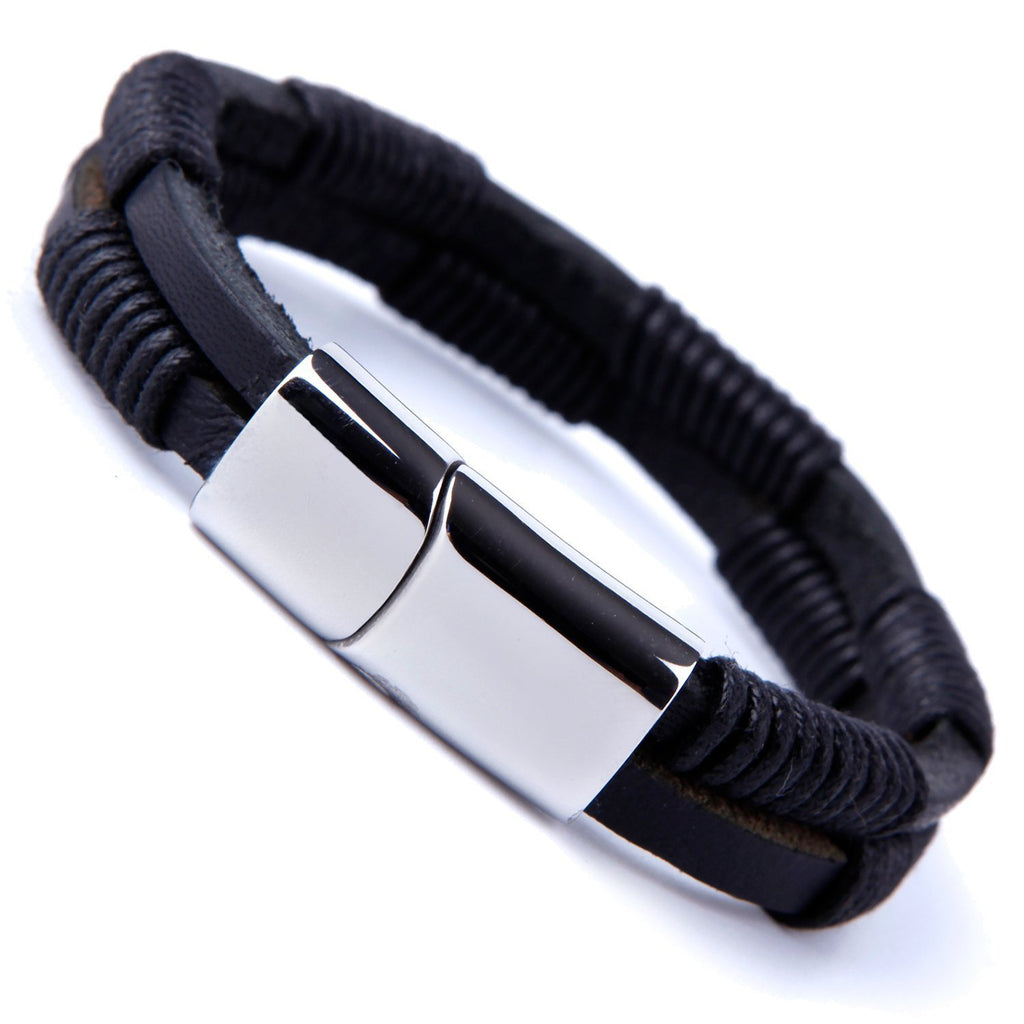 Unique Men's Coal Black Cuff Genuine Leather Bracelet with Stainless Steel Clasp