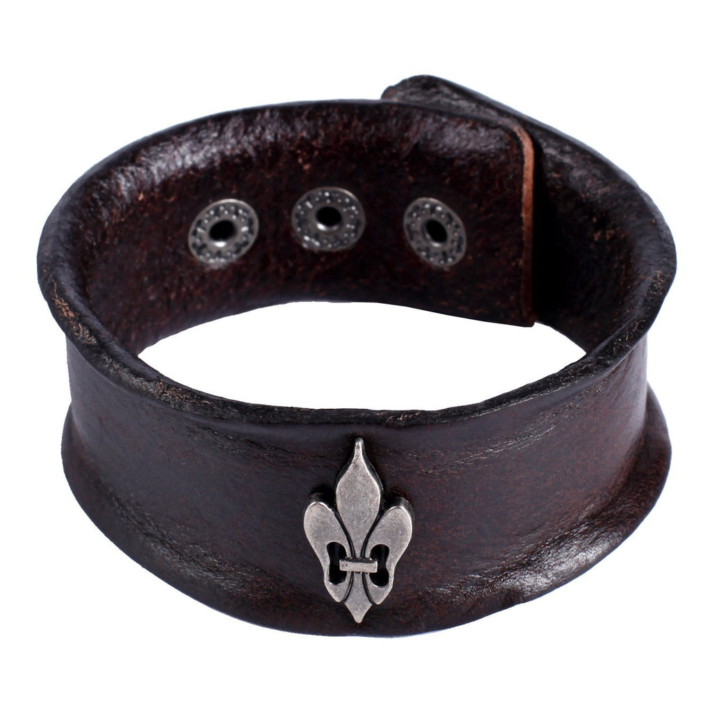Vintage Style Men's Metal Fleur-de-lis Cuff Genuine Leather Bracelet (Brown, Adjustable)