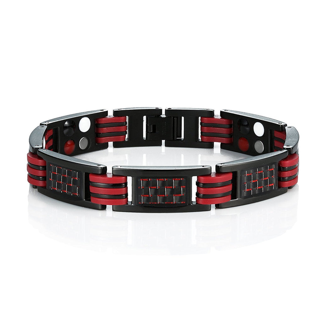 Men's Titanium Magnetic Link Bangle Bracelet with Carbon Fiber 8.66 inch (Black & Red)