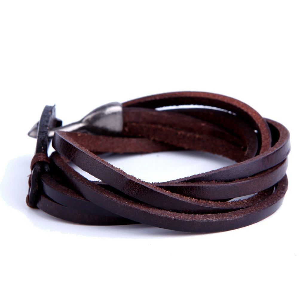 Deep Coffee Leather Wrap Cuff Men's Genuine Bracelet with Metal Hook Clasp (Brown)