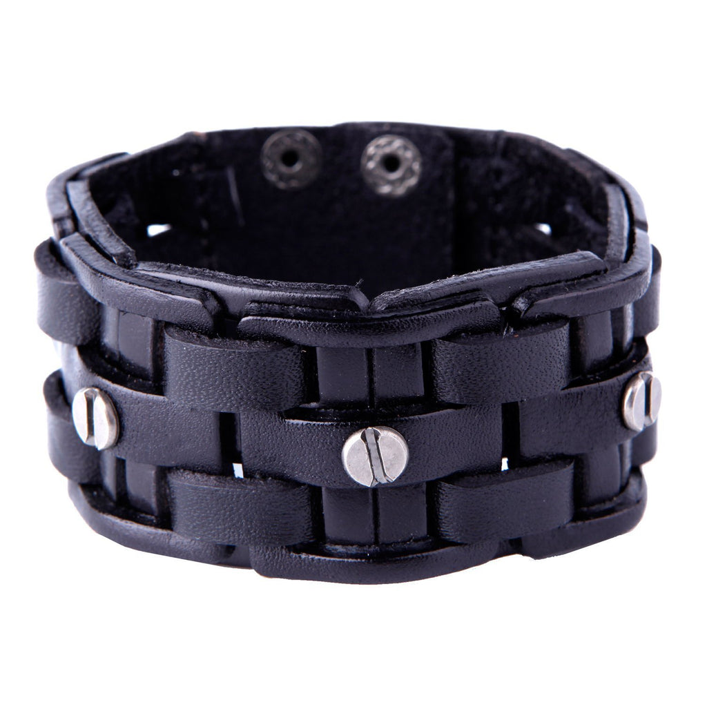 Gothic Men's Army Style Coal Black Cuff Genuine Leather Bracelet with Metal Silver Tone Screws